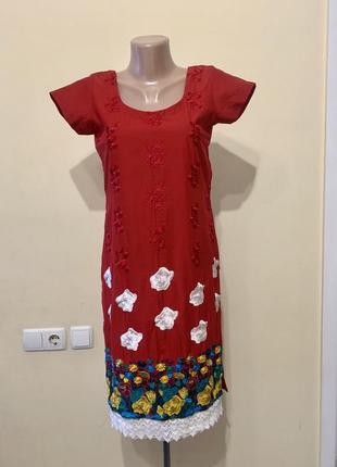 Платье вышиванка  красное хлопок размер m/ 101 фото
