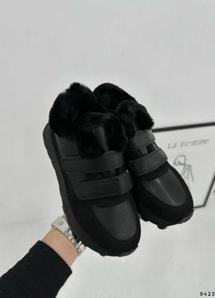 Зимние черные кроссовки на липучках9 фото
