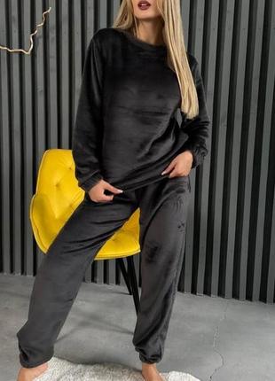 Пижама женская теплая махровая оверсайз кофта штаны на высокой посадке качественная комфортная комфортная графитовая