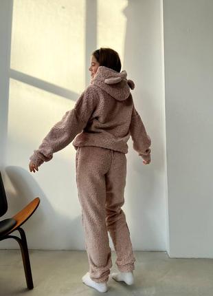 Домашний бежевый теплый мягкий женский современный костюм / пижама 🐼 2023-2024 с ушками4 фото