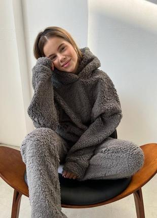 Домашній сірий теплий м'який жіночий сучасний уютний костюм / піжама 🐼 2023-2024 з вушками5 фото
