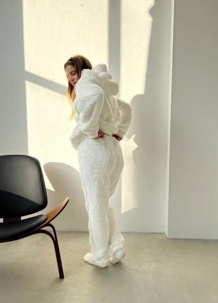 Домашній білий теплий м'який жіночий сучасний уютний костюм / піжама 🐼 2023-2024 з вушками2 фото