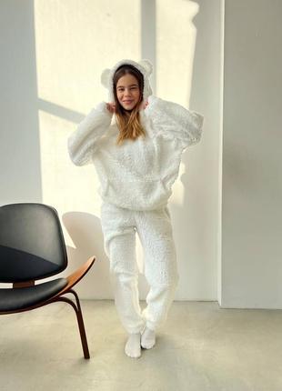 Домашній білий теплий м'який жіночий сучасний уютний костюм / піжама 🐼 2023-2024 з вушками