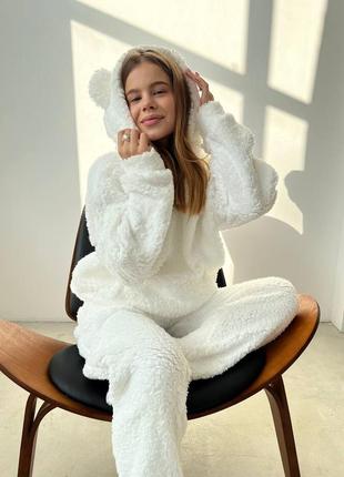 Домашній білий теплий м'який жіночий сучасний уютний костюм / піжама 🐼 2023-2024 з вушками7 фото