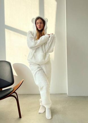Домашній білий теплий м'який жіночий сучасний уютний костюм / піжама 🐼 2023-2024 з вушками6 фото