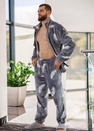 Принтованная мужская пижама плюшевая качественная комплект зип кофта и штаны теплый