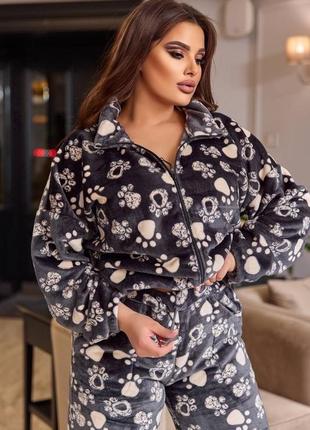 Женская плюшевая теплая пижама принтованная комплект зип кофта и штаны качественный2 фото