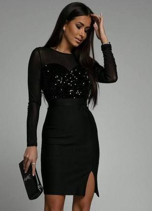 Платье короткое чёрное однотонное на длинный рукав с сеткой качественное стильное трендовое2 фото