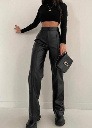 Штани жіночі шкіряні теплі на флісі на високій посадці якісні стильні базові чорні мокко4 фото