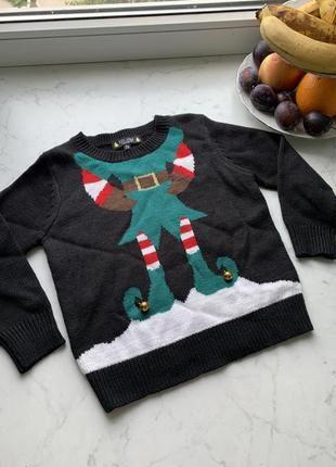 Яркий новогодний свитер с орнаментом и бубенчиками knitwear на 5-6 лет