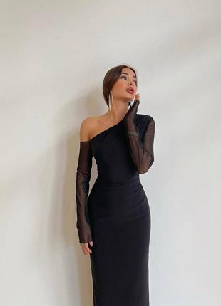 Платье миди черное однотонное на длинный рукав с сеткой с открытым плечом качественное стильное трендовое