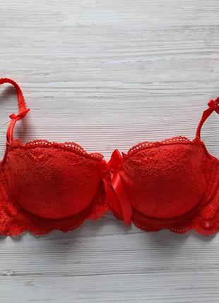 Бюстгальтер балконет анжелика 36а 80а la senza красный алый кружевной на тонком поролоне лифчик3 фото