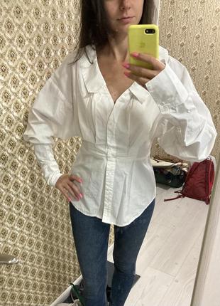 Шикарная винтажная рубашка блуза деловая открытое декольте h&amp;m объемный рукав баф9 фото