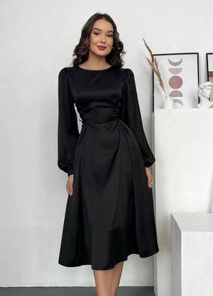 Платье миди черное однотонное шелковое на длинный рукав свободного кроя качественное стильное трендовое
