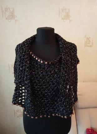 Вечерняя нарядная шаль, накидка, снуд, сетка, хенд мейд, люрекс, серебро, трапеция