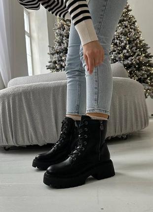 Зимові шкіряні черевики берці натуральна шкіра з хутром зимні ботінки зима кожаные берцы зимние ботинки с мехом цвет черный8 фото