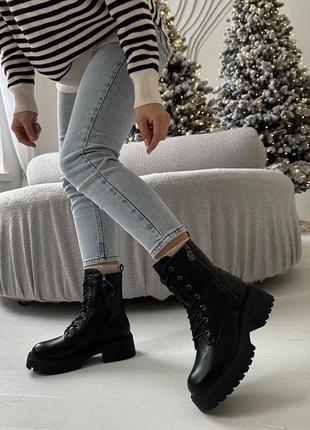Зимові шкіряні черевики берці натуральна шкіра з хутром зимні ботінки зима кожаные берцы зимние ботинки с мехом цвет черный3 фото