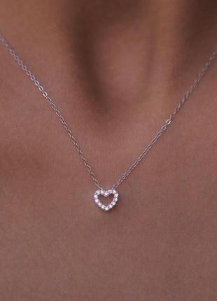 Срібний s 925 кулон сердечко з камінчиками фіанітів на ланцюжку, подарунок кулон серце