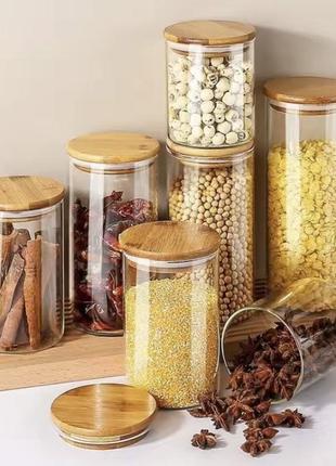 Скляна банка ємність контейнер для зберігання продуктів з бамбуковою круглою кришкою