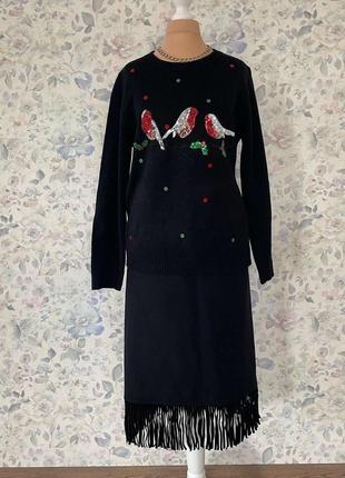 Шерстяная черная юбка замшевая бахрома max mara 443 фото