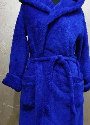 Махровий жіночий халат з поясом розмір 46 48 50 52, домашній ошатний халат яскравий стильний синій3 фото