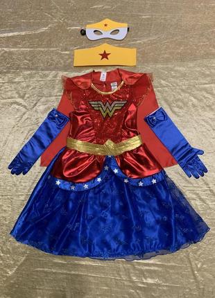 Яркое платье карнавальный костюм с плащом супергероя чудо-женщина на 7-8 лет1 фото