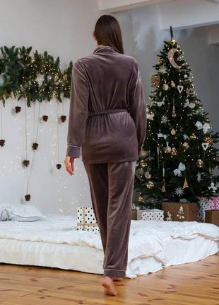 Велюрова піжама - штани та сорочка, халат халатик. пижама велюр, домашний костюм комплект8 фото