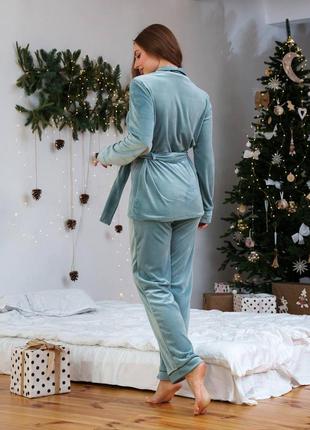 Велюрова піжама - штани та сорочка, халат халатик. пижама велюр, домашний костюм комплект4 фото