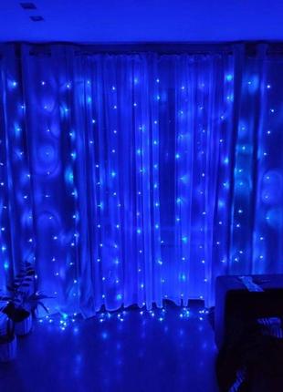 Светодиодная гирлянда штора роса 300*300см синяя новогодняя гирлянда штора на 8 режимов + usb +10 нитей4 фото