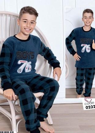 Зимняя теплая махровая пижама для мальчика полар флис турция mini moon арт 0232 boys 76 синий