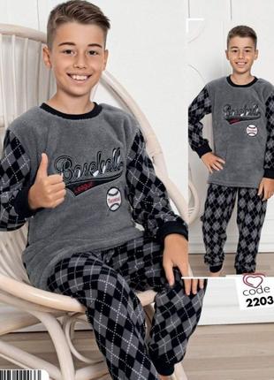 Зимняя пижама для мальчика теплая махровая полар флис турция mini moon арт 2203 baseball league серый