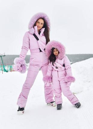 Дитячий зимовий комбінезон для дівчинки з песцем пояс сумочка та рукавички на зріст від 134 до 152 см4 фото