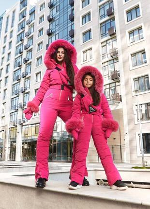 Дитячий зимовий комбінезон для дівчинки з натуральним хутром сумочкою та рукавичками на зріст від 86 до 128 см3 фото