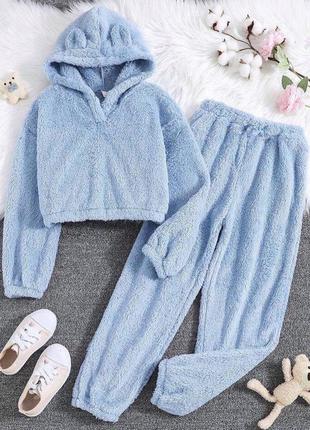 Махрова блакитна піжама з вушками☃️