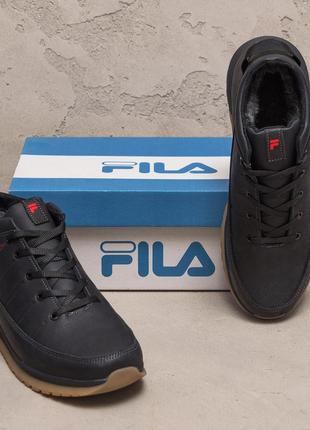 Мужские  зимние кожаные кроссовки  fila black classic5 фото