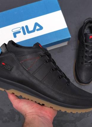 Мужские  зимние кожаные кроссовки  fila black classic9 фото