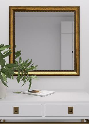 Квадратное зеркало в прихожую 70х70 с пластоковой рамой, золотое навесное зеркало для офиса красивое1 фото