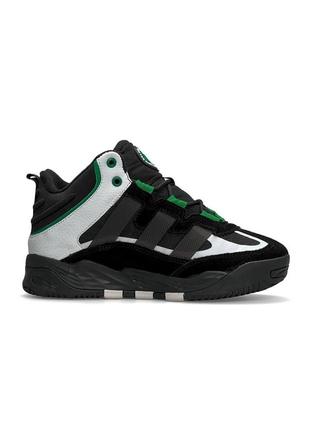 Зимові жіночі кросівки adidas originals niteball high black white green fur ❄️2 фото