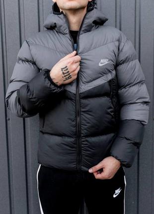 Очень качественная мужская куртка с капюшоном серо черная nike зима осень рано весна стильная качественная теплая2 фото