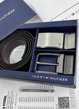 Чоловічий ремінь tommy hilfiger з 2 пряжками чорний на подарунок / подарунковий набір