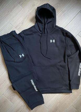 Зимний спортивный костюм under armour с начесом черный худи + черные штаны3 фото