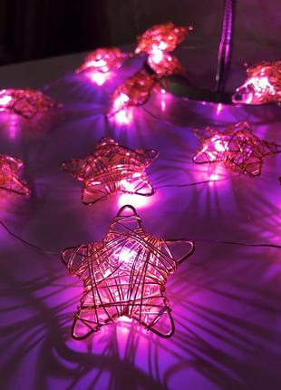 Гірлянда usb зірочки зірки роса нитка дріт світлодіодна новорічна на ялинку рожева фіолетова 1 м метр