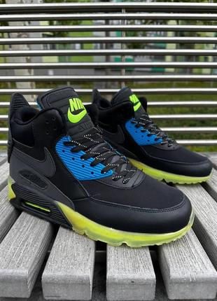 Синие кроссовки высокие яркие nike air max 90 black / green (высокие, демисезонные)4 фото