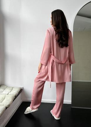 Женская шелковая пижама 5ка (халат + майка + шорты + брюки + ночная рубашка) l розовый3 фото