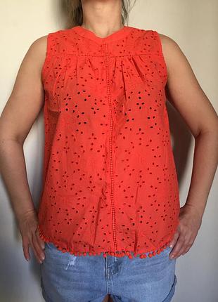 Свежая яркая коралловая блуза с прошвой хлопок