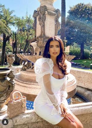 Белое платье миди с воланами/платье айвори открытые плечи/платье рукава фонарики👗