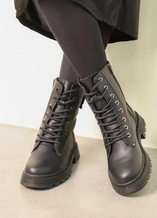 Ботинки женские зимние кожаные с мехом на шнуровке черные 36 37 38 39 40 413 фото