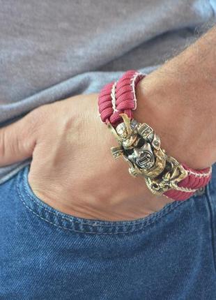 Браслет із самураєм із латуні та з маскою з меляріа плетіння змійка з обплетенням під замовлення + брелок у подарунок