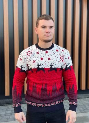 Чоловічий светр із оленями біло-червоний без горла m