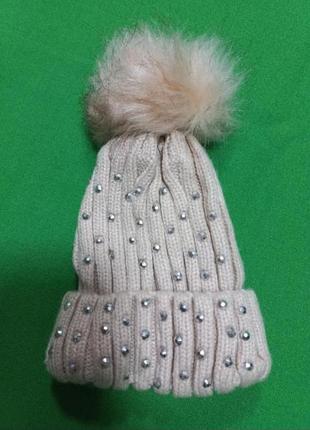Шапочка бини со стразами и помпоном для девочки малышки